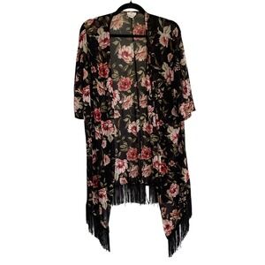 Ember Womens Garden Floral Mesh Kimono Wrap Black Pink Rose Fringe‎ Trim Large